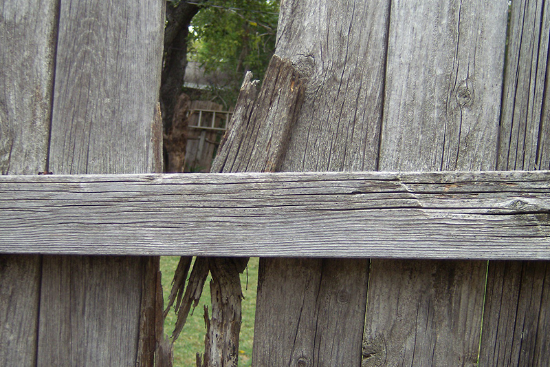 Aging wood fence with rotting rails in need of repair